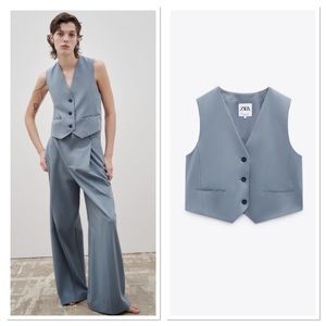 Zara V-Neck Front Button Closure Straight Vest Sz:L Mid Blue NWT